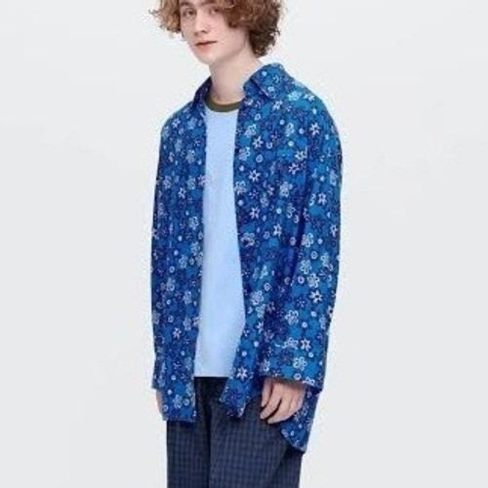 Marni Uniqlo Oversize Linen Floral Pattern Button Shirt Men M Blue Lightweight - Picture 3 of 12